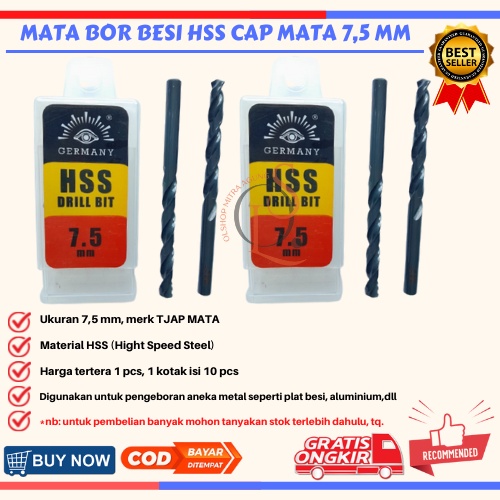 Mata Bor Besi HSS 7.5 mm Mrek Cap TJAP MATA Berkualitas⠀