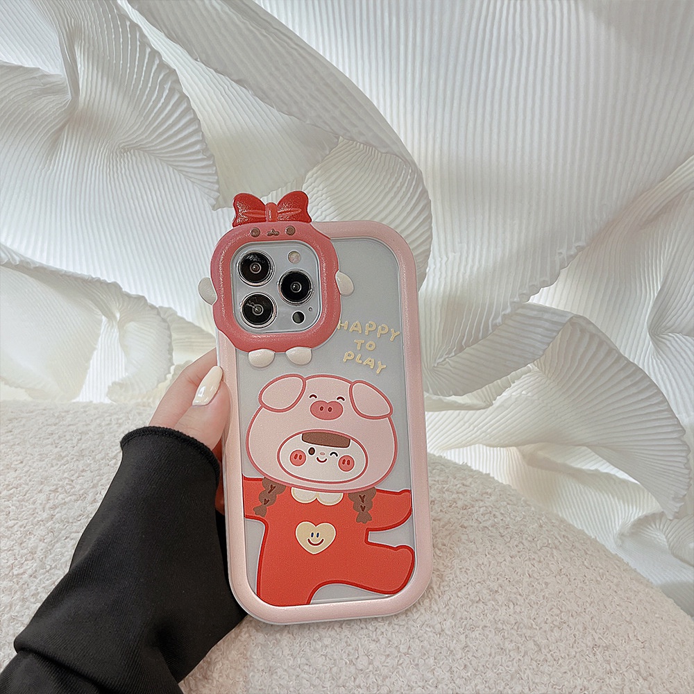 Case Pelindung 2 IN 1 Motif Kartun Babi Pink Kamera 3D Bahan Silikon Untuk Iphone 14 11 12 13 PRO MAX