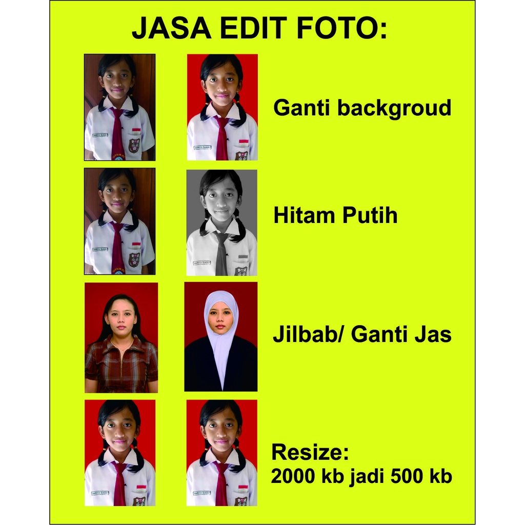 

Jasa edit Pas Foto / Ganti Background / Jas / Ganti Berjilbab / Kecil Ukuran / Hitam Putih