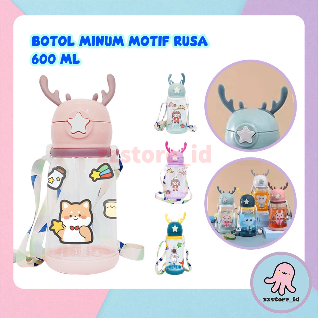 Botol Minum Tanduk Rusa Sticker Dengan Tali Sedotan 600ML / Botol Minum Anak Lucu Anti Tumpah Anti Pecah 600 ML