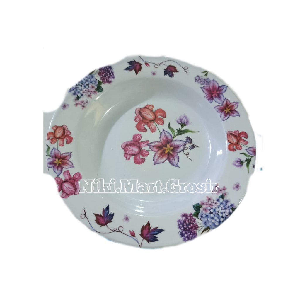 (T - 109) Piring Makan Melamin Bunga / Piring Makan Putih Melamin Serbaguna