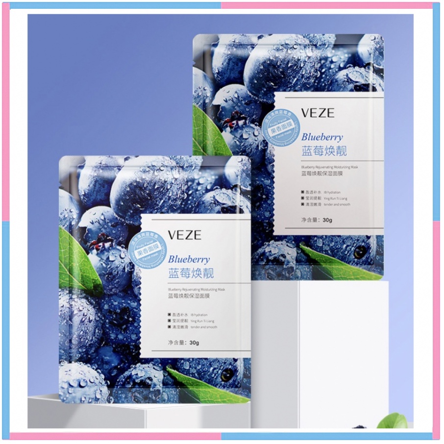 Veze Fruit Blueberry Sheet Mask Masker Wajah Masker Muka pelembab kulit Natural Sheet Mask Melembabkan muka BQ037