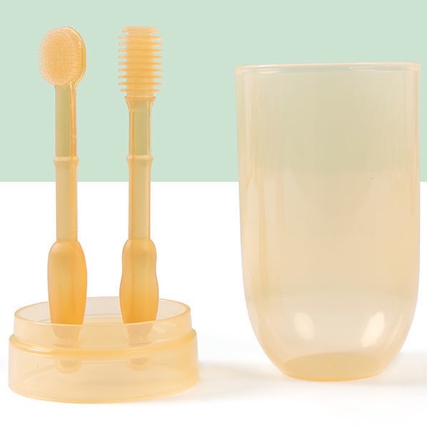 BPA free Sikat Gigi dan Lidah Bayi Silikon 0-18 bulan plus Gelas Sikat Gigi Bayi Sikat Lidah Bayi 2 in 1 Perawatan Mulut Bayi Sikat Gigi Silikon Bebas BPA Sikat lidah bayi newborn 2in1-SG NEW