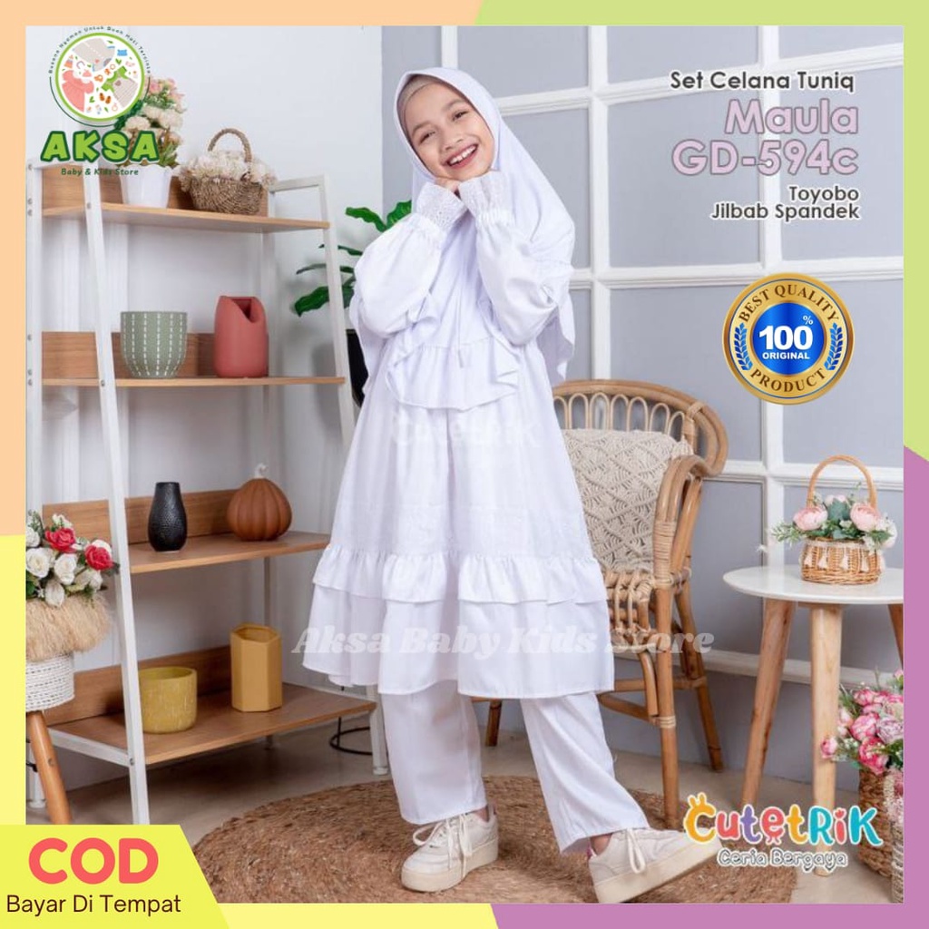 CUTETRIK SETELAN TUNIK ANAK PEREMPUAN PUTIH MANASIK HAJI 4-12 TAHUN