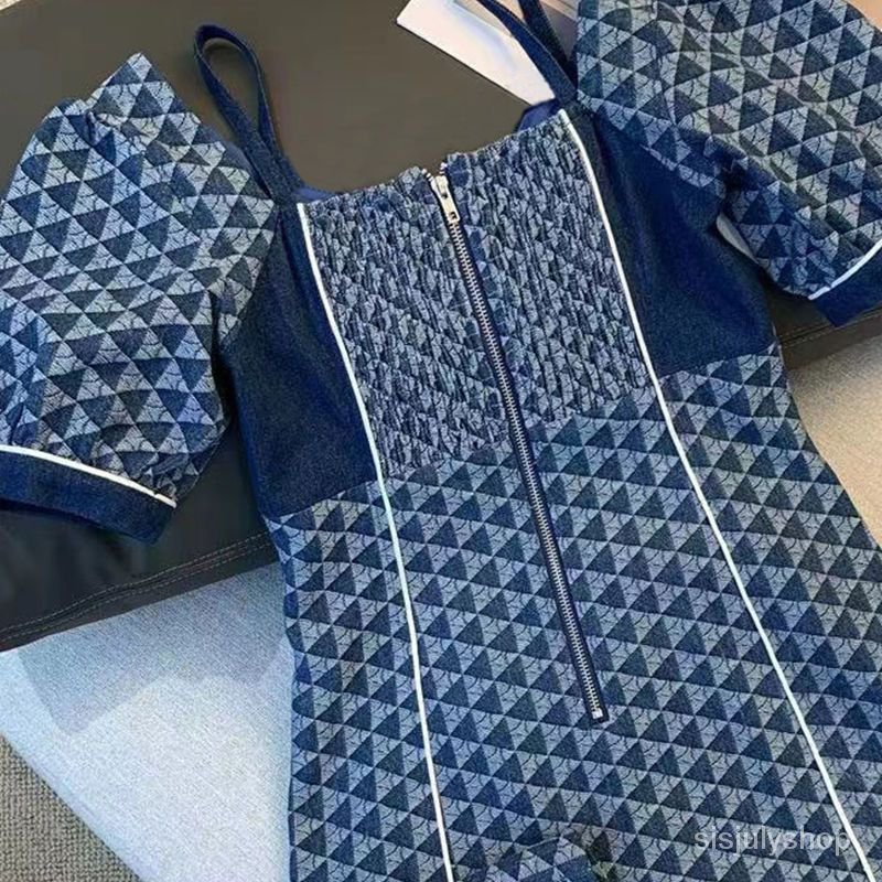 #Sisjuly# Gaun denim wanita musim panas rok desain Prancis baru