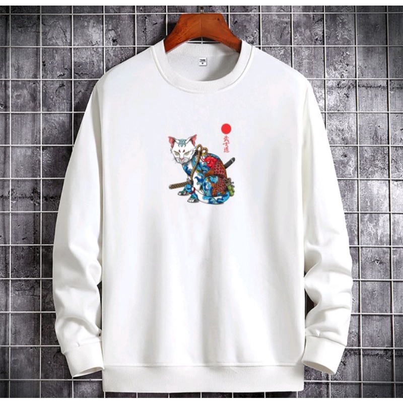 SWEATER CREWNECK SAMURAI CAT//PRIA WANITA//SIMPLE