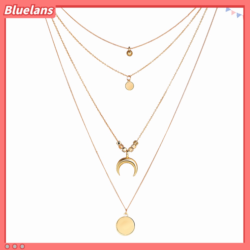 Bluelans Women Retro Alloy 4 Layers Moon Beaded Round Pendant Charm Chain Necklace Choker