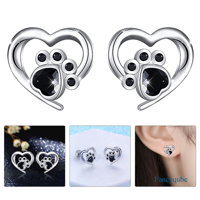 Anting Stud Cubic Zirconia Bentuk Hati Dan Jejak Kaki Warna Hitam Untuk Wanita
