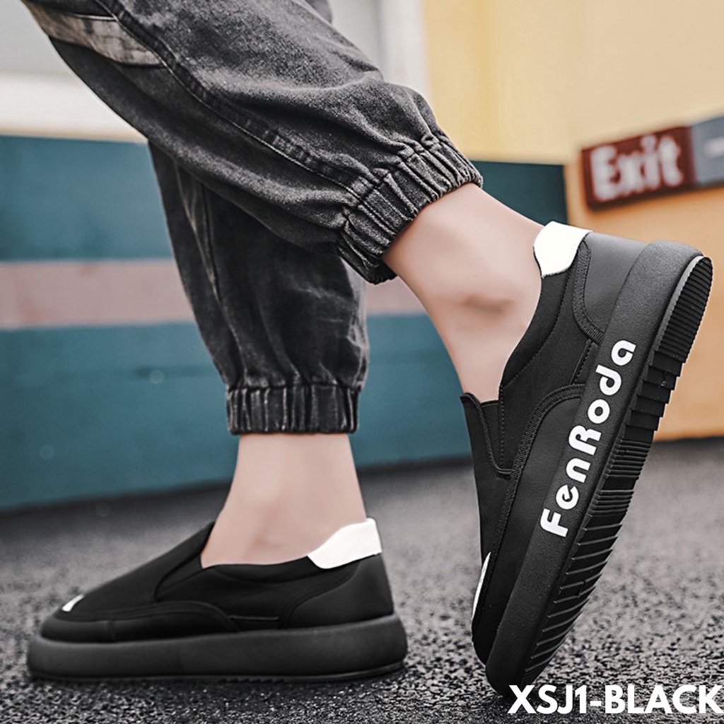 SEPATU SNEAKERS MODEL LOAFERS BLACK WHITE SIMPLE DESAIN CAKEP BANGET BAHAN CANVAS IMPORT SJ1