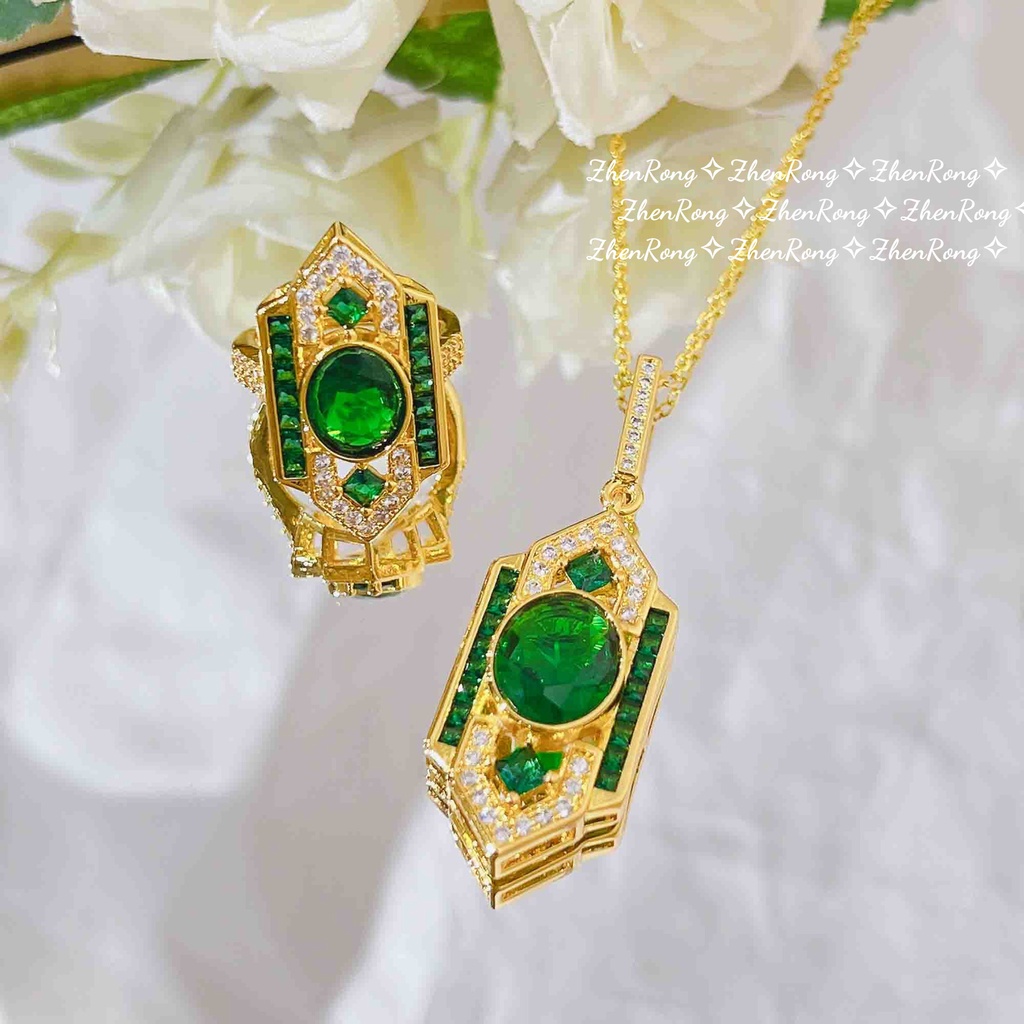 Goldkingdom Perhiasan Fashion Emas Asli Kadar 375 Bangkok Aksesoris Ready Stock Klasik Art Deco Style Suit Emerald Pendant Cincin Berlian Hijau Anting