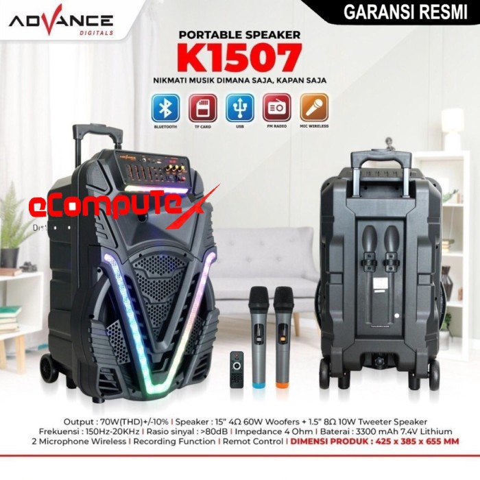 SPEAKER ADVANCE PORTABLE K-1507 K1507 BLUETOOTH 15 INCH KOPER + 2 MIC WIRELESS GARANSI RESMI