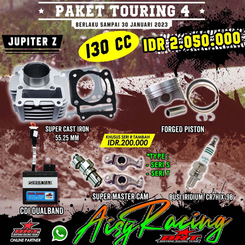 PAKET TOURING BRT BORE UP 130CC BLOK PISTON CDI DUALBAND MASTER CAM JUPITER Z / VEGA R NEW