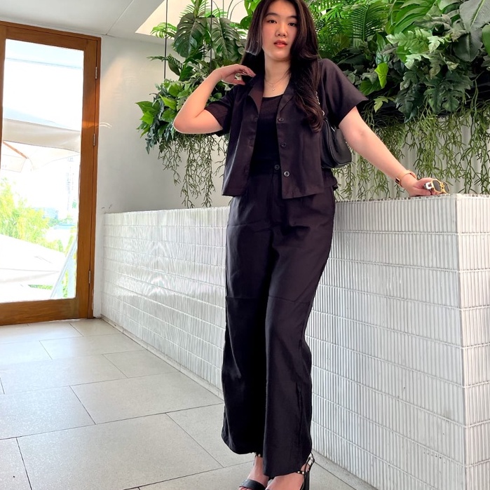 AVE Set Blazer Crop Audy | Oneset Kemeja Crop Lengan Pendek Wanita