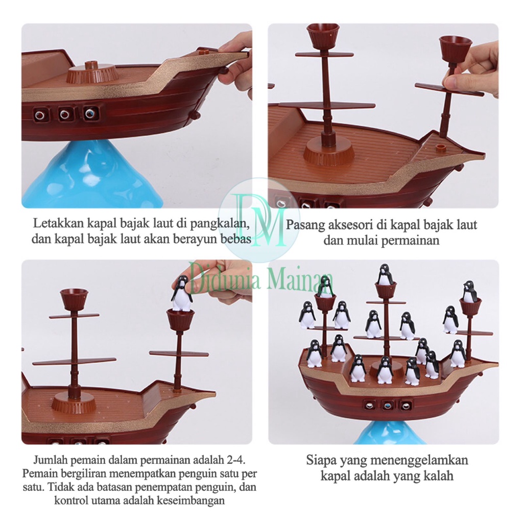 Mainan edukasi anak kapal bajak laut pinguin balancing board game set penguin balance on the pirates ship