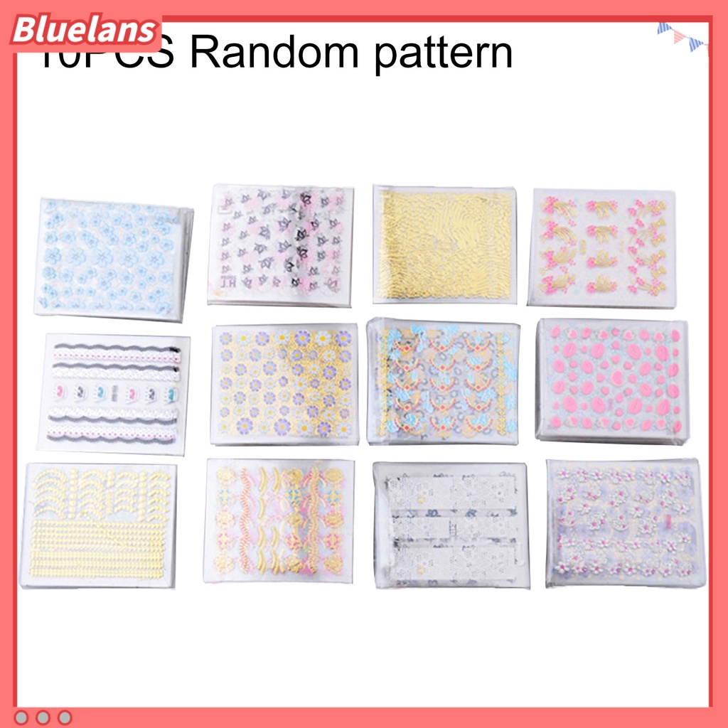 Bluelans 10 Lembar Stiker Kuku Motif Bunga Campur Untuk Dekorasi Manicure / Nail Art DIY