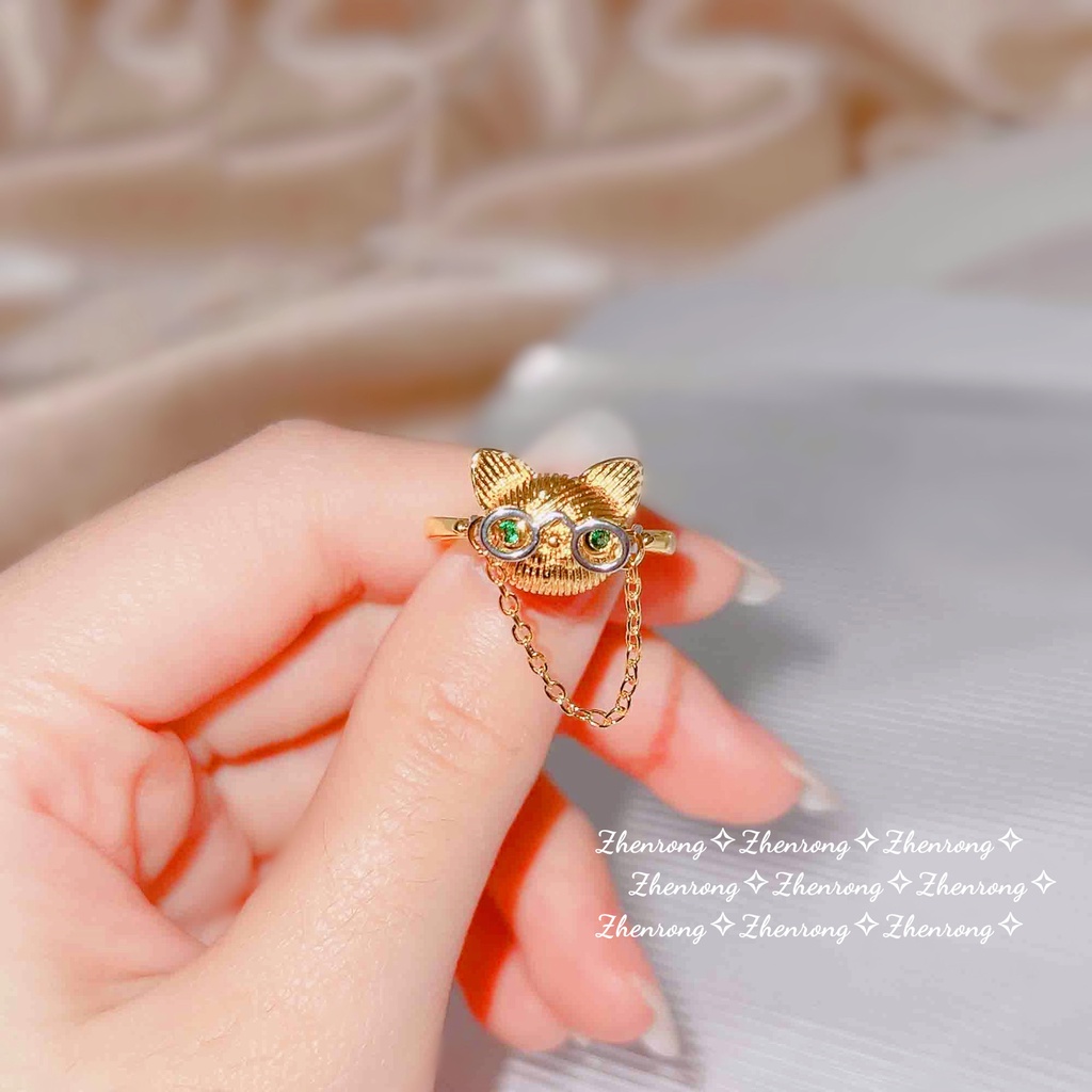 Goldkingdom Perhiasan Fashion Emas Asli Kadar 375 Bangkok Aksesoris Ready Stock Tangan-Kuping Kucing Dr Cincin Perempuan Zamrud Indah Kartun Adjustable Ring