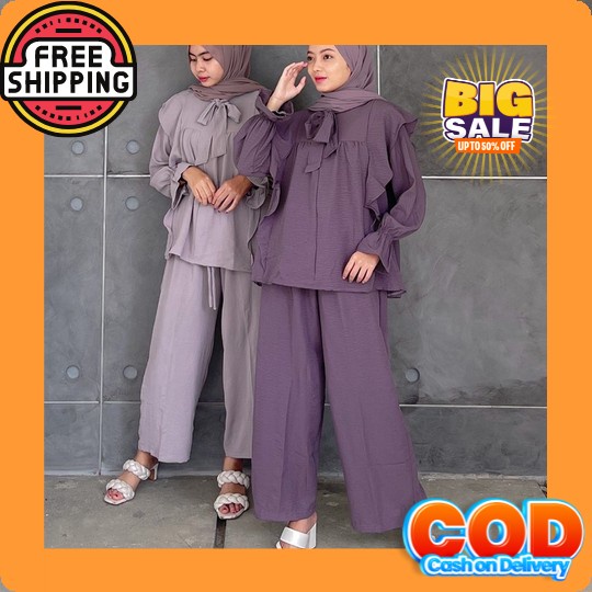 Ramdan Fashion B034 | Milly One Set Rayon Crinkle Premium Setelan Wanita Kekinian Tunik + Celana Imp