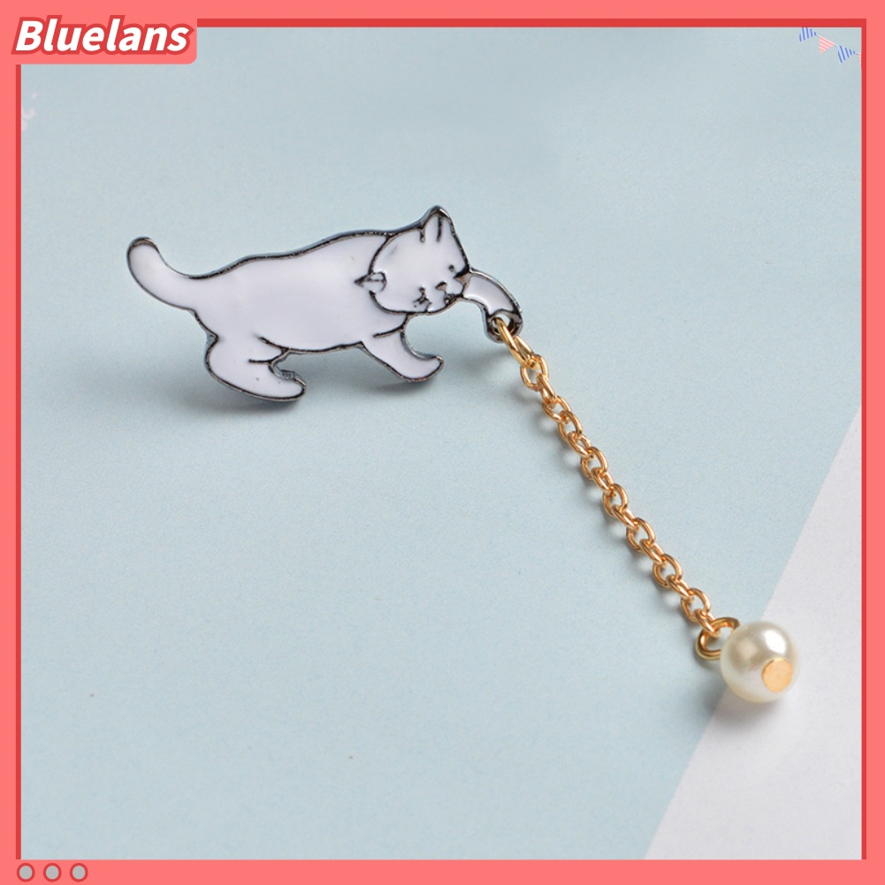 Bluelans Bros / Pin Bentuk Kucing dengan Rantai + Mutiara Imitasi untuk Aksesoris Perhiasan
