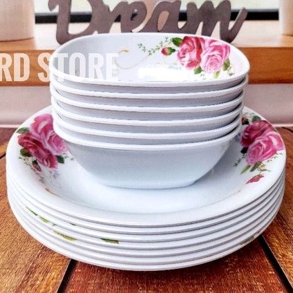 PROMO 12.PCS SET 6.PIRING 6.MANGKOK MELAMINE MOTIF ROSE