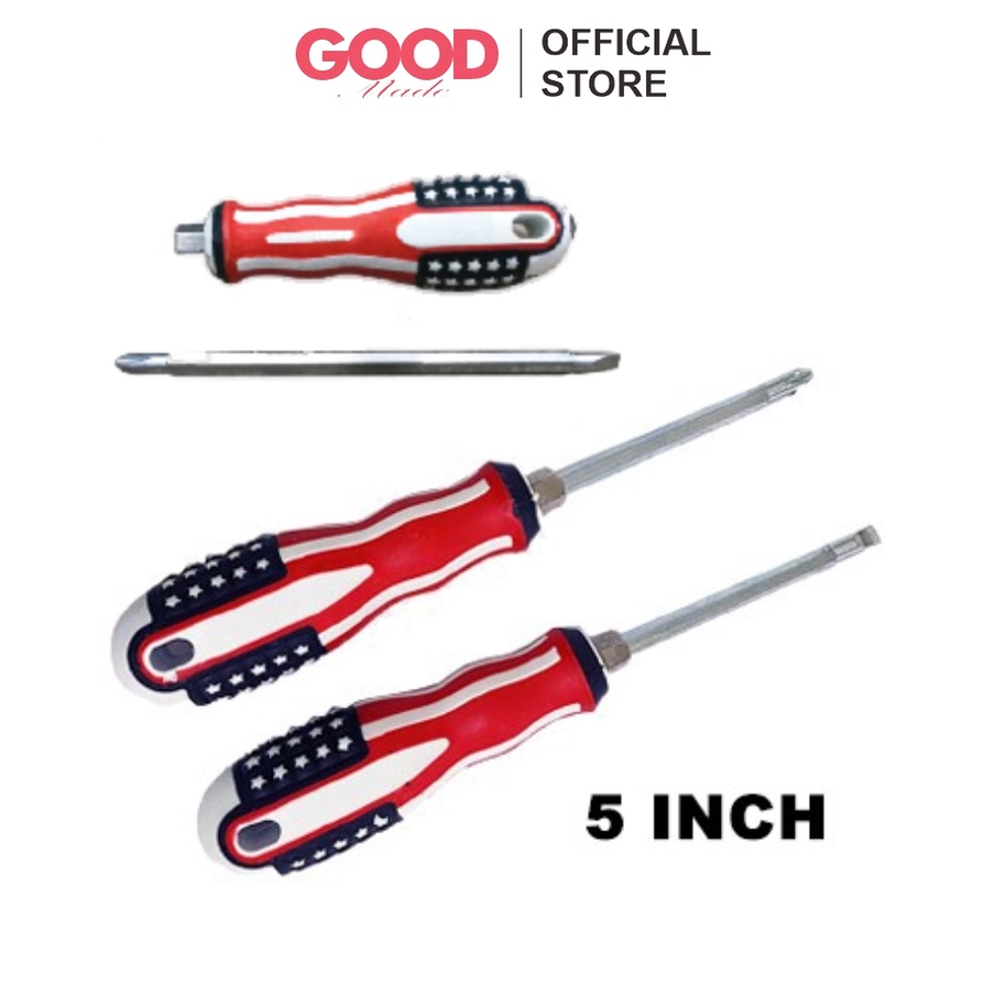 GOOD MADE - Obeng Kombinasi Bolak Balik | Obeng Min Plus 2in1 | Screwdriver Min Plus USA Mata Gagang karet Magnet Minus 5 inch 5&quot; | COD