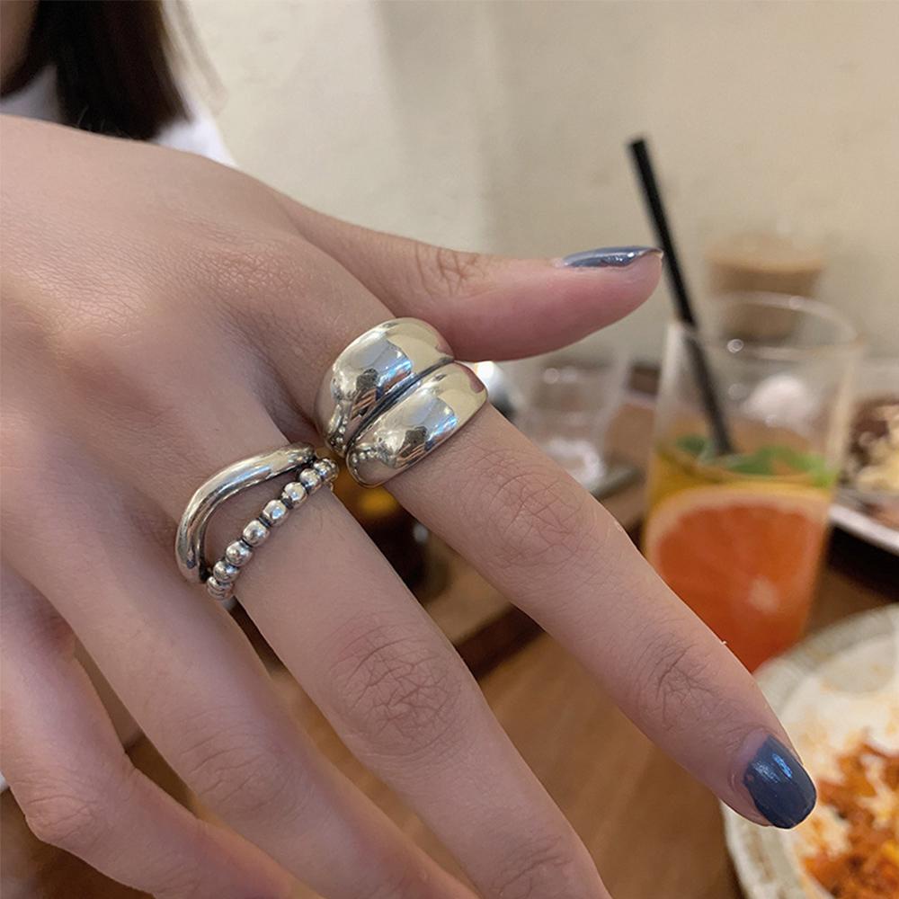 Needway Cincin Couple Trendi Handmade Pembukaan Tebal Sederhana Double-layer Perhiasan Wanita