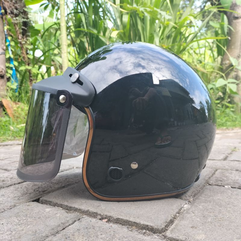 HELM BOGO LIST CHROME ORIGINAL SNI RETRO DEWASA KACA DATAR