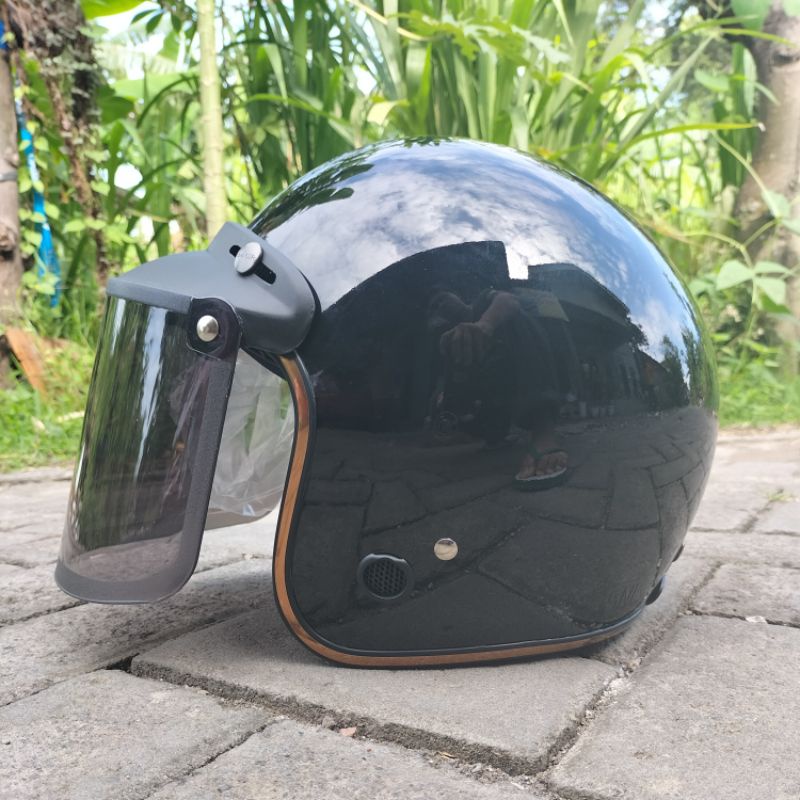 HELM BOGO LIST CHROME ORIGINAL SNI RETRO DEWASA KACA DATAR