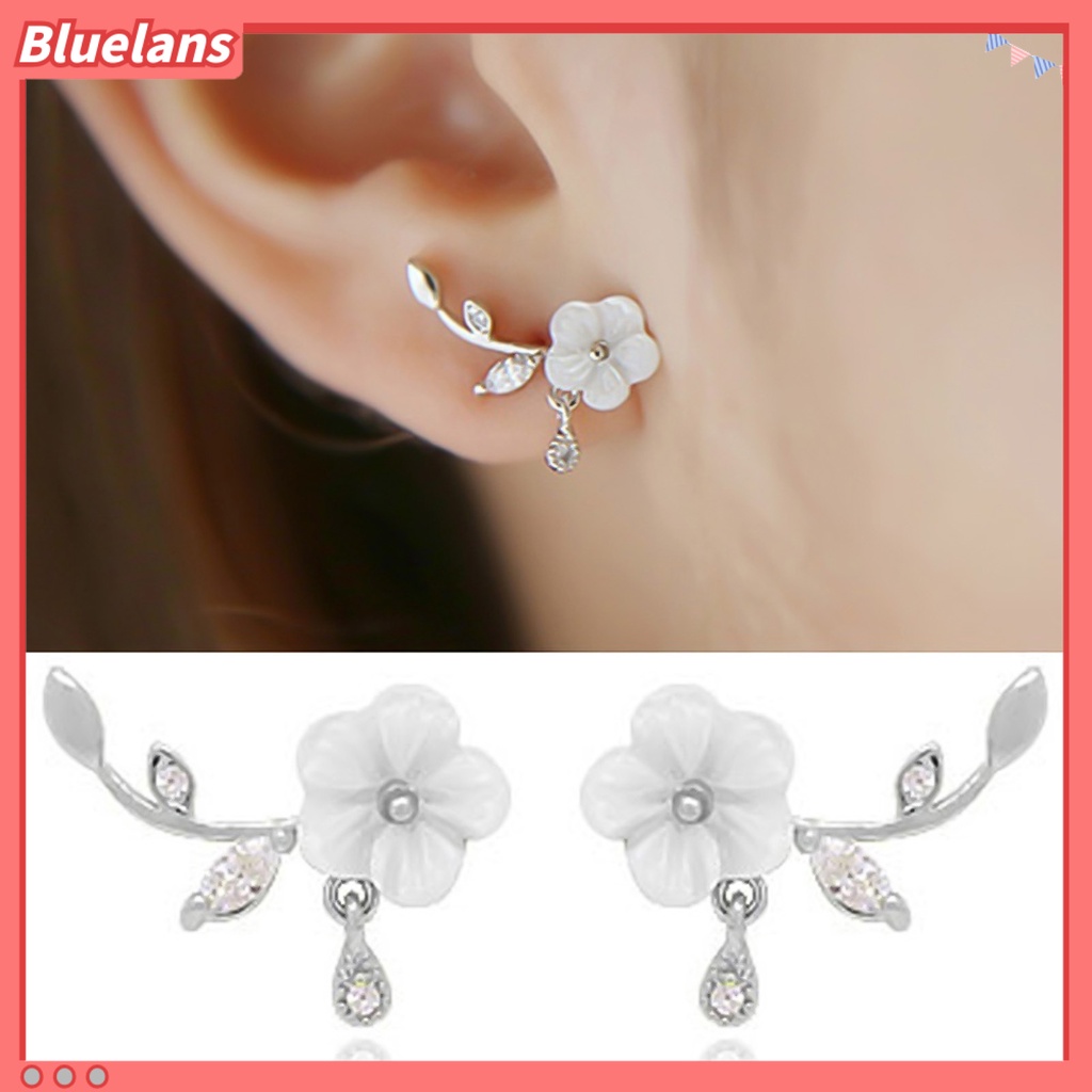 Bluelans Earrings Flower Leaves Shape Design Beautiful Alloy Rhinestone Inlaid Ear Stud