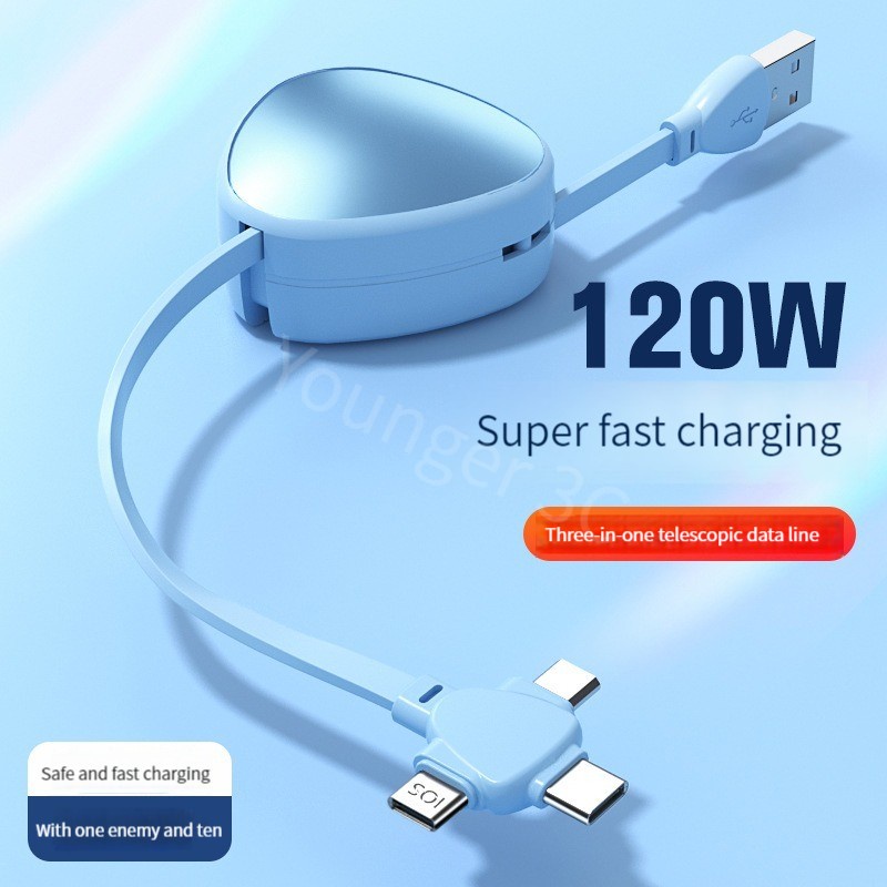 Kabel Charger Usb Tipe-c / Lightning / Micro Usb / Tipe-c / Lightning / Tipe c / 6A 3in1 120W Retractable Untuk Iphone / Android