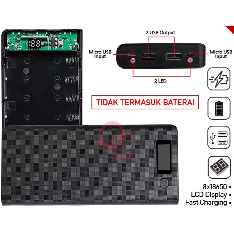 DIY Power Bank Case 8x18650 2 Port + Display - A8 / Casing PowerBank DIY Dual USB Port Fast Charging [TIDAK TERMASUK BATERAI] - Black