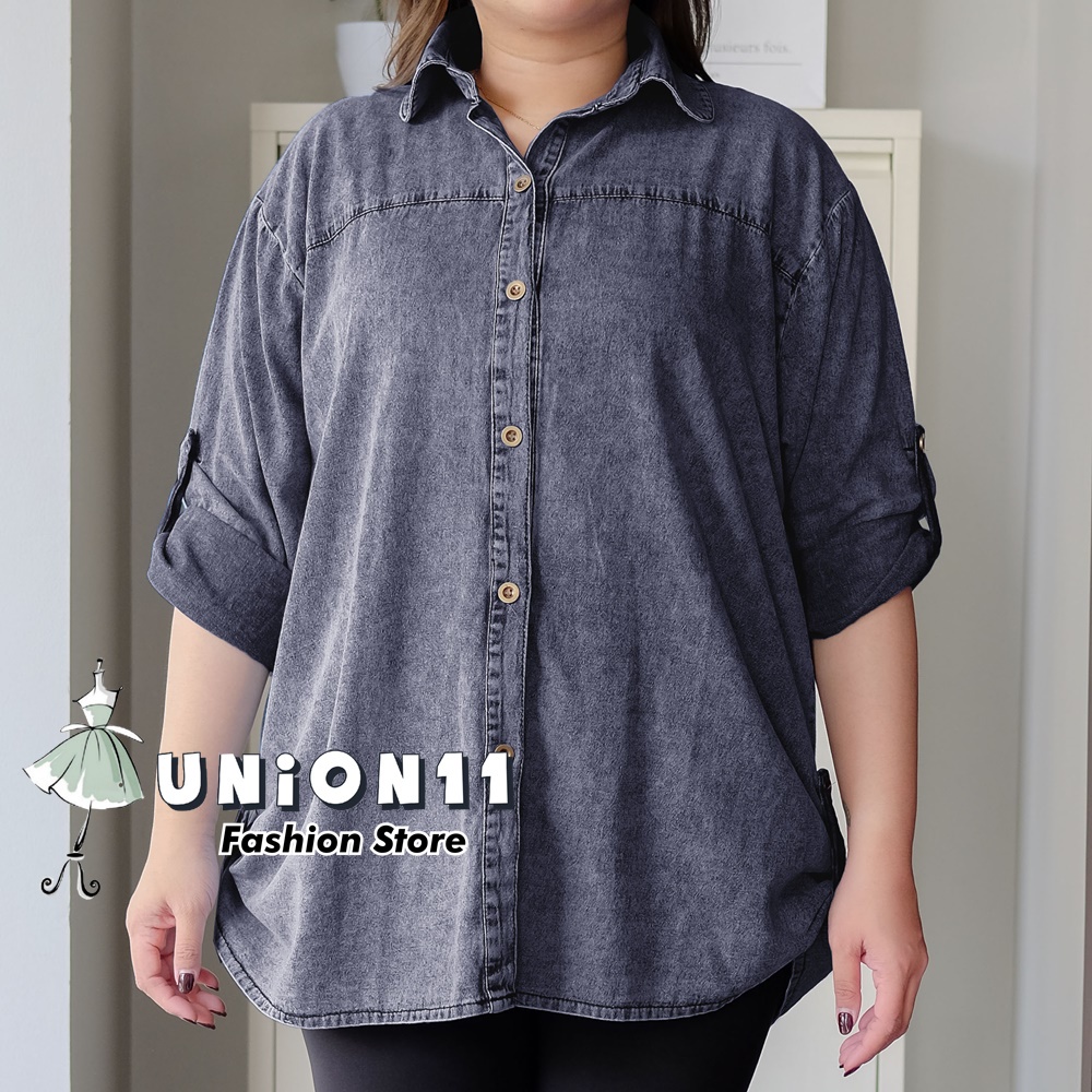 UNION11 - KEMEJA JUMBO WANITA JEANS / KEMEJA JUMBO WANITA BB 100 KG / BLUS WANITA JUMBO / KEMEJA WANITA JUMBO LD 130  / ATASAN WANITA BIG SIZE 4XL / KEMEJA JUMBO WANITA CASUAL / KEMEJA JEANS JUMBO WANITA NATHAN