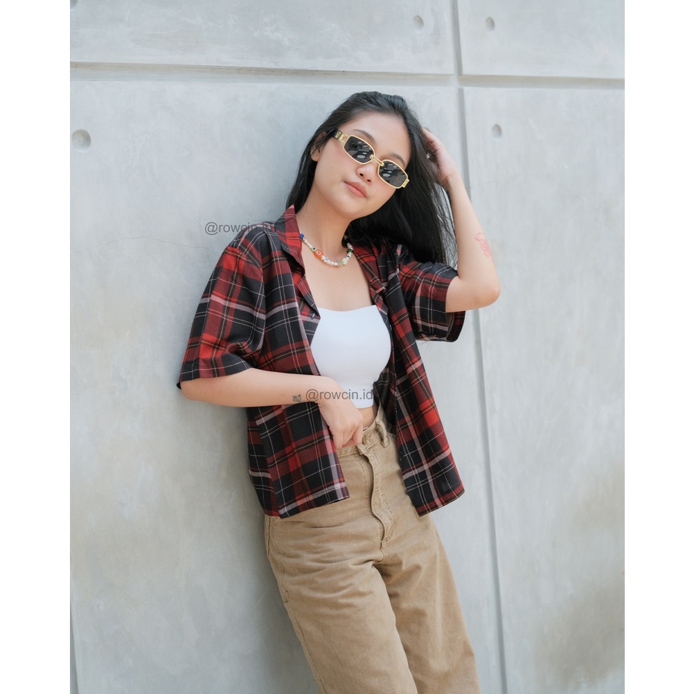 KEMEJA WANITA CROP TOP KOTAK KOTAK KOREAN CASUAL KATUN RAYON CROP SHIRT ORGANIK MODE A1