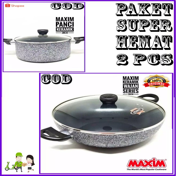 MAXIM CERAMIC WOK 30 CM TUTUP KACA ORI + 20CM DUTCH OVEN BERGARANSI RESMI
