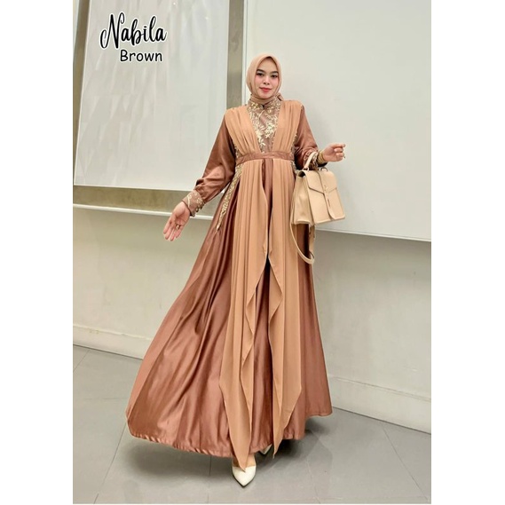 Nabila Maxy, GAMIW PESTA/GAMIS KONDANGAN SUPER CANTIK MEWAH MODIS MURAH FIT XXL LD 110 BAHAN SATIN VELVET MIX CERRUTY BABYDOLL OOTD