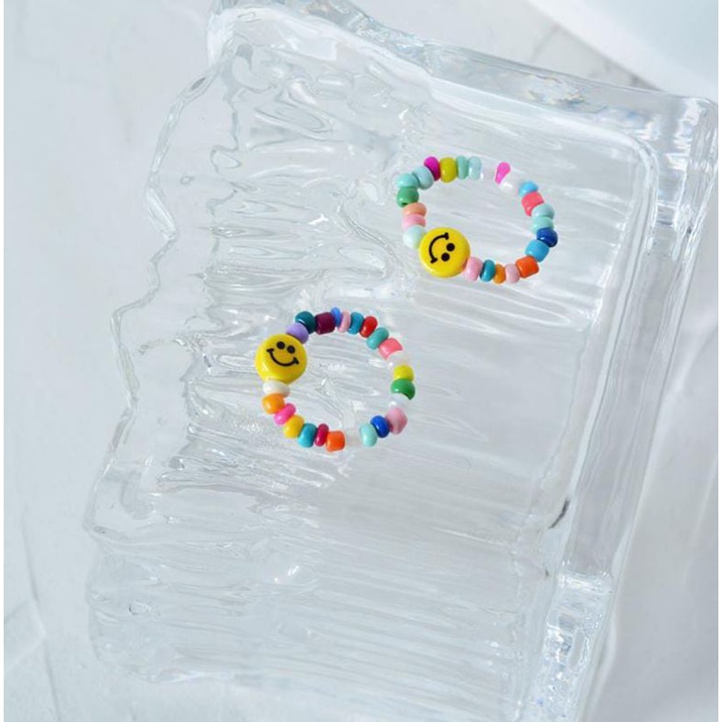 Cincin Manik Smile Wanita Mix Beads Campur Warna Fancy Ceria Import Benang Mulur Premium