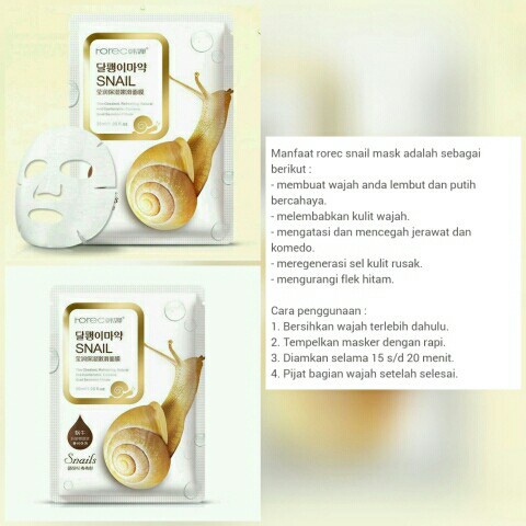 ROREC Snail Moisturizing Facial Mask Rumah Cantik 354 Sheet Mask Yang Dapat Mencerahkan Melembutkan Dan Menghaluskan Kulit Wajah