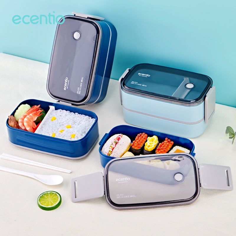 FOODI Kotak Makan 2 susun 1600ml Dark biru Kotak Bekal Anti Bocor lunch box Double layer Bento tempat makanan Free sendok&amp;sumpit warna