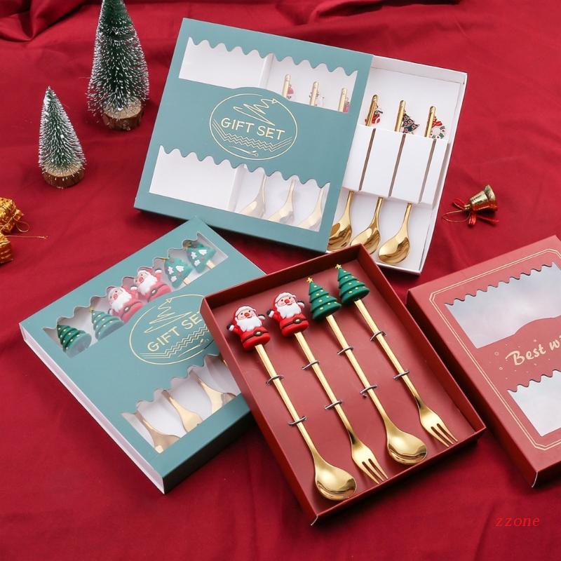 6pcs / set Sendok Garpu Bahan Stainless Steel Dengan Liontin Santa Claus Untuk Pohon Natal