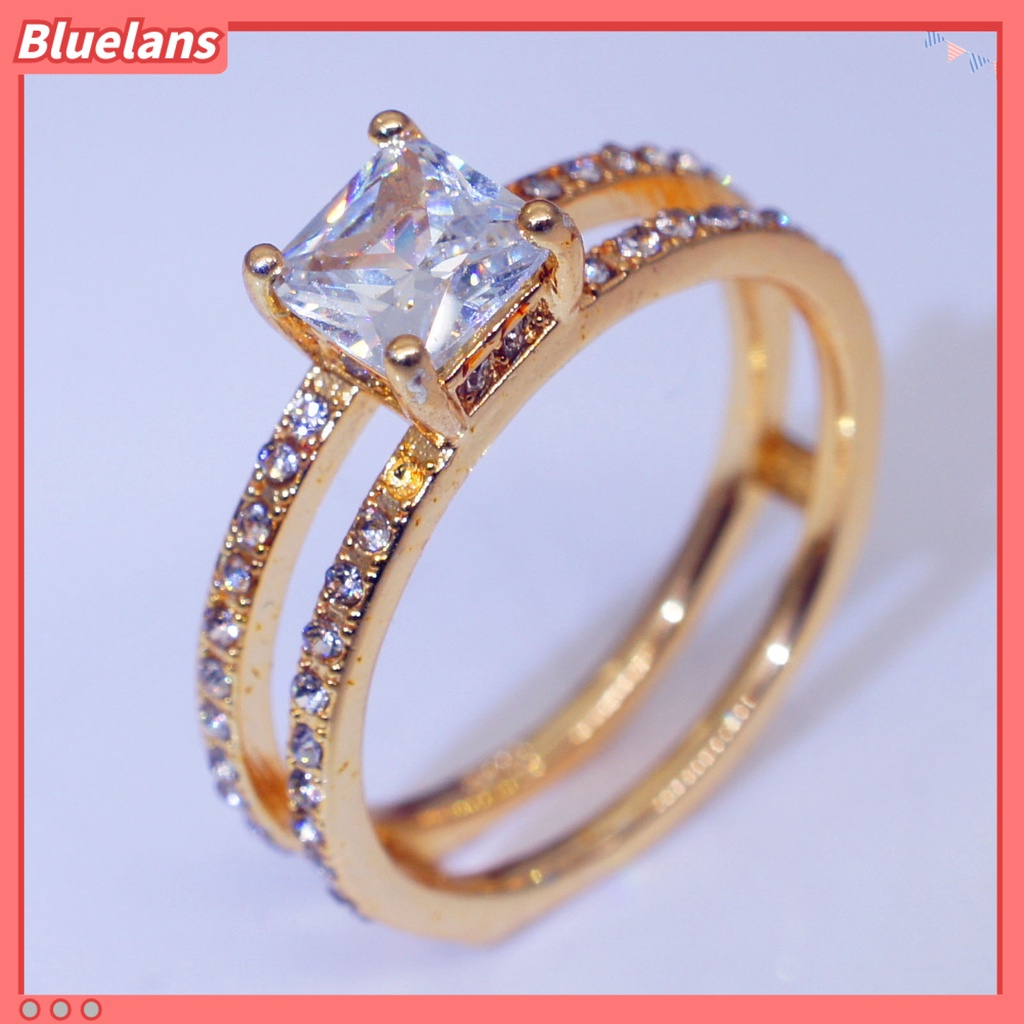 Bluelans Cincin Wanita Model Lapis Ganda Bentuk Persegi Aksen Berlian Imitasi Untuk Pernikahan