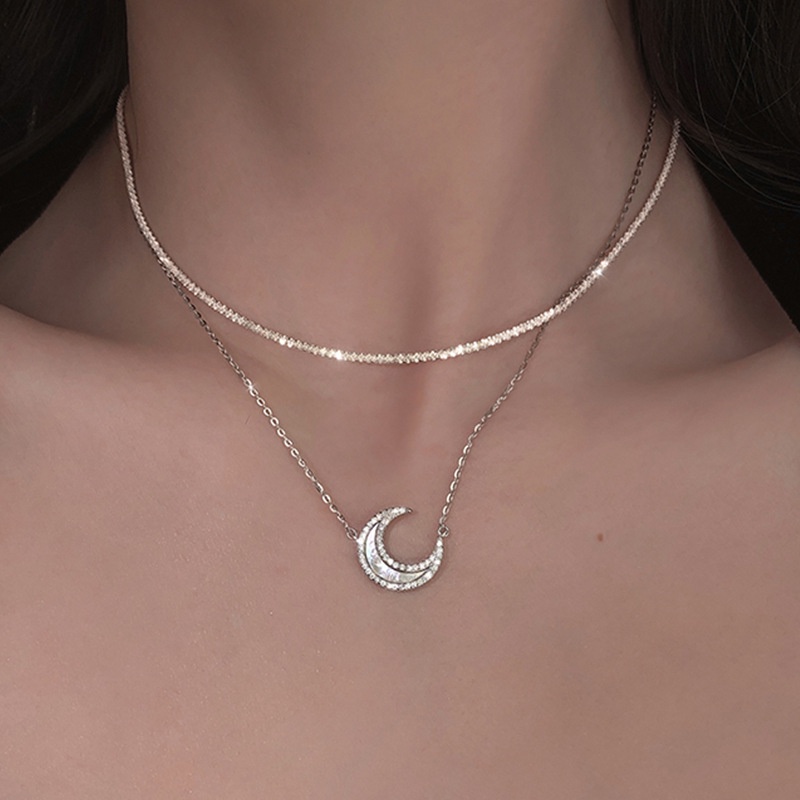 Kalung Rantai Desain Bulan Sabit Dan Bintang Warna Putih