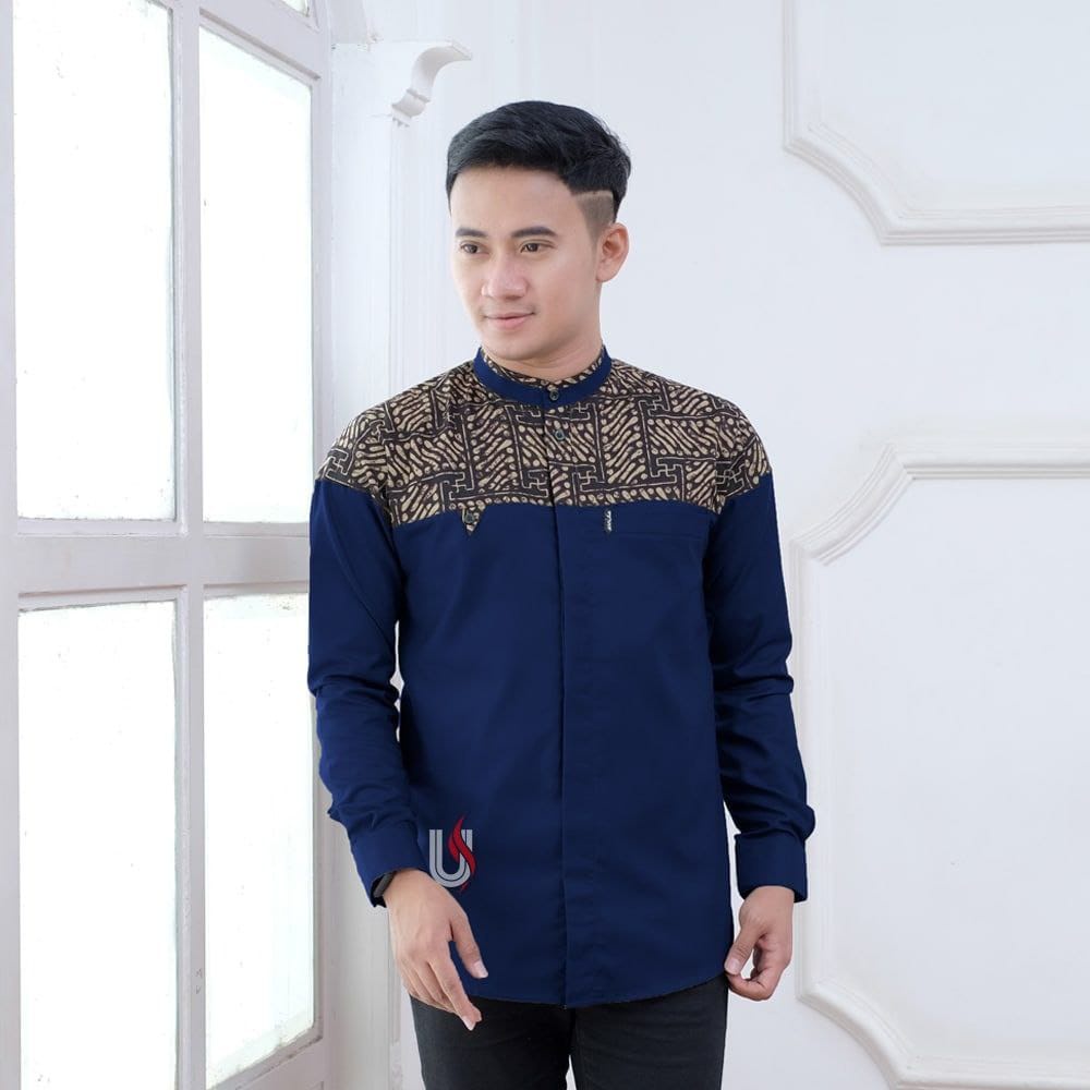 Baju Koko Pria Dewasa Kombinasi Batik Motif Falcon Lengan Panjang