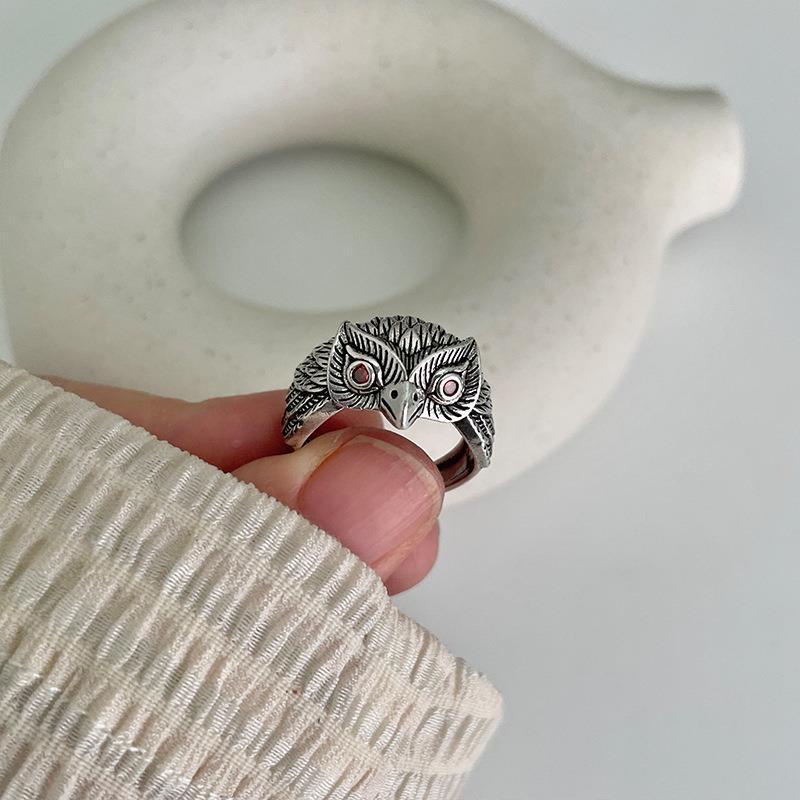 Cincin Model Terbuka Desain Burung Hantu Warna Silver Gaya Hip Hop Eropa Amerika Untuk Pria