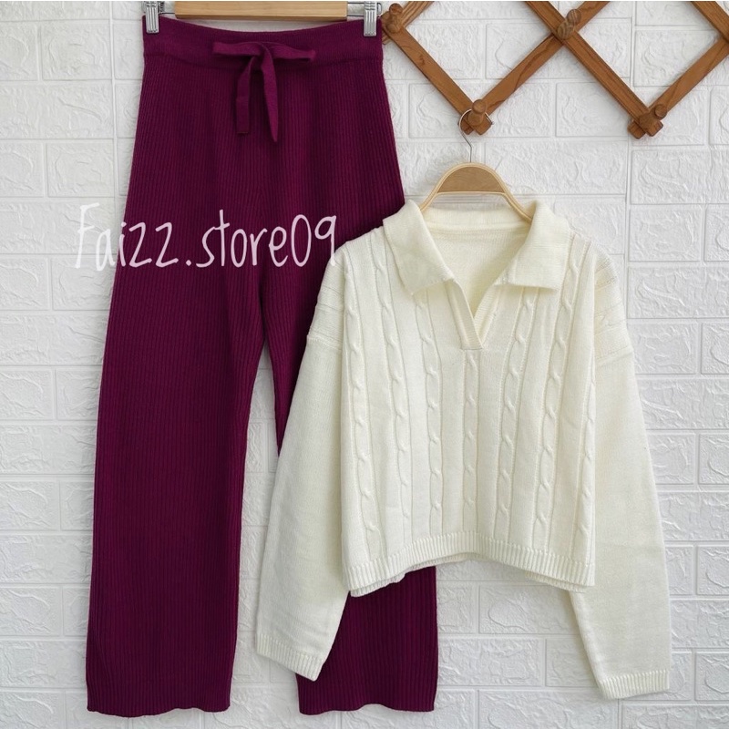 ONESET CELANA  KULOT RAJUT BLOUSE SWEATER KERAH CABLE