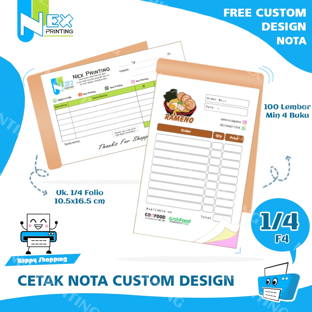 

Cetak Nota Ukuran 1/4 Folio Bon Faktur Online Ofline Emas Restoran Laundry rangkap 1 2 3 4 5