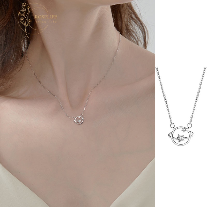 Kalung Rantai Klavikula Hias Liontin Kristal Bintang Planet Alam Semesta Bahan Cubic Zirconia Gaya Korea Untuk Wanita