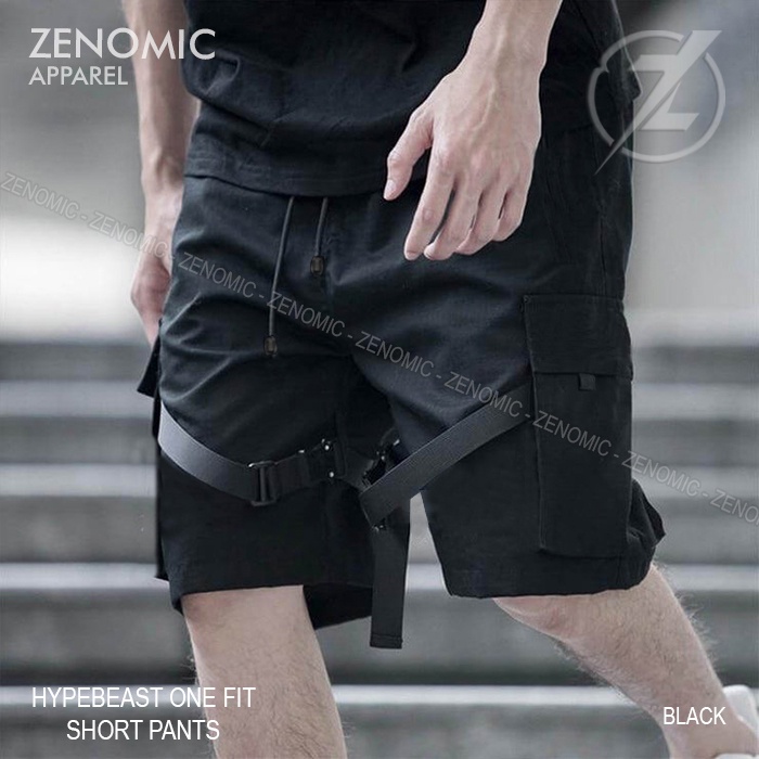 Celana Cargo Pendek Hypebeast Zenomic Distro Short Pants Pria OneFit Black Promo Murah Gaul Dance Hi
