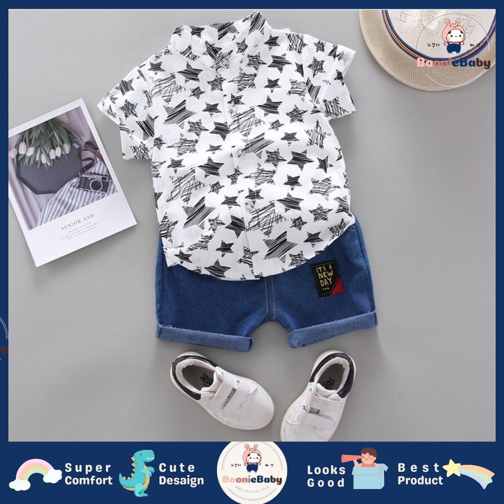 boonie SET KEMEJA BELGIAN STARS EBV Setelan Kemeja Bayi Laki-laki Lengan Pendek celana softdenim