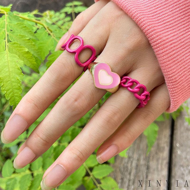 【Bayar di tempat】3pcs Cincin Bentuk Hati Geometris Adjustable Untuk Wanita Cincin Bahan Resin  Desain cincin