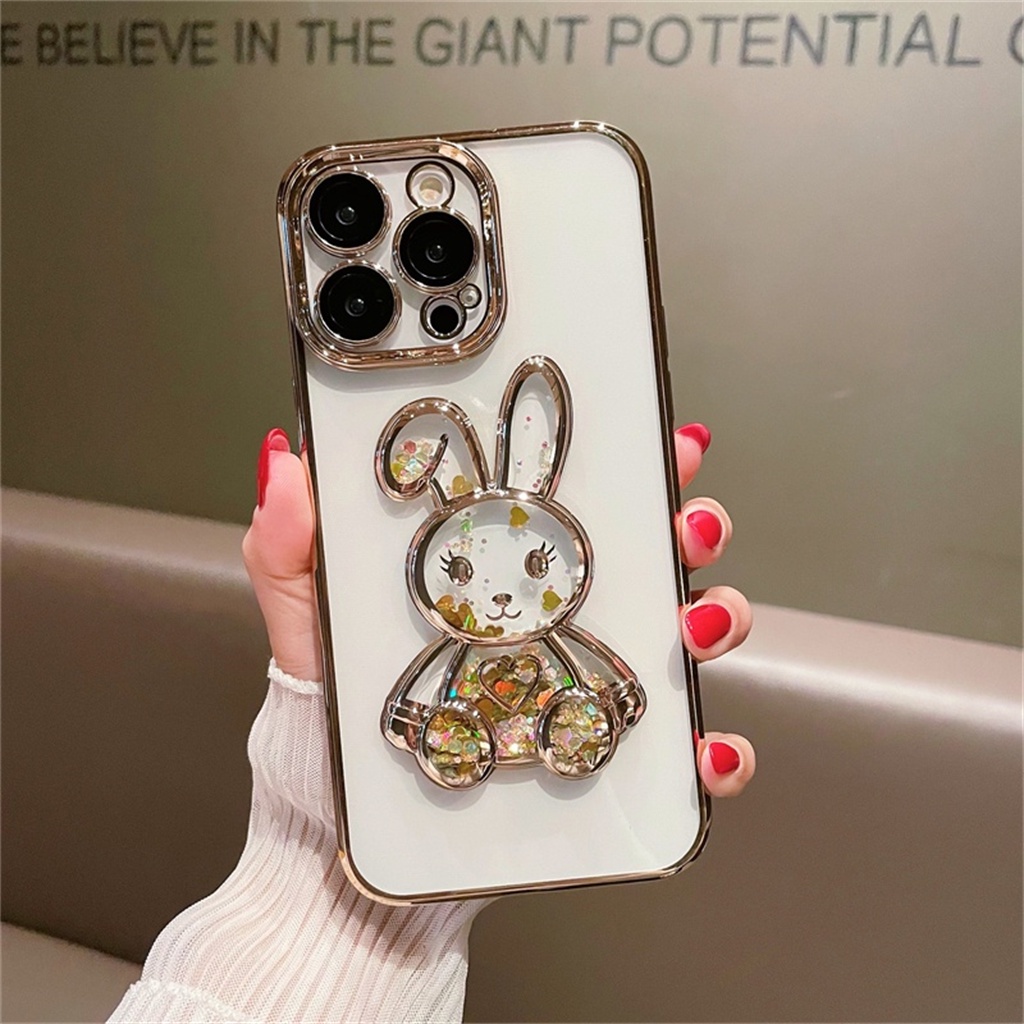 Case Pelindung Kamera Desain Kelinci 3D Warna Ungu Tahan Banting Untuk iphone 14 pro max 14 plus 11 12 13 pro max