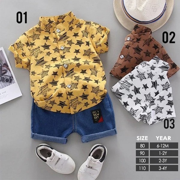 LID7004 - Setelan Bayi Pakaian Anak Lengan Pendek Motif Bintang + Celana